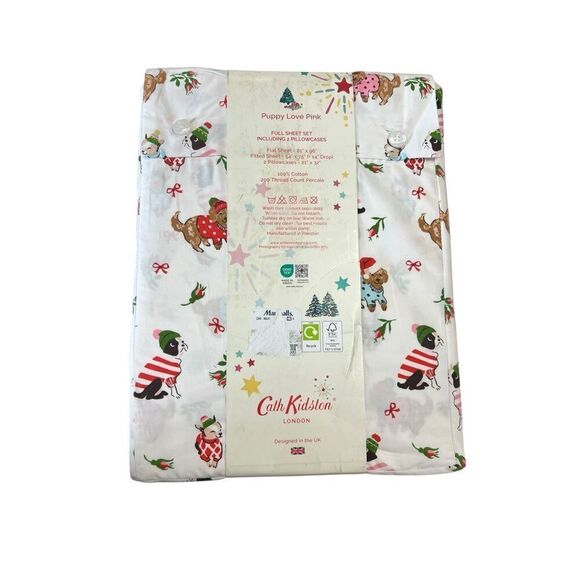 Cath kidston London 4pc FULL Cotton Christmas Puppy Love Pink Sheet Set new - Picture 2 of 3